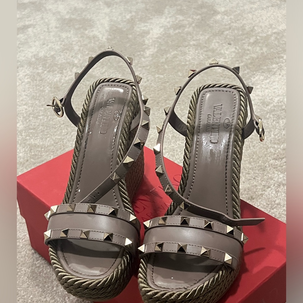 Valentino Garavani Taupe Studded Espadrille Wedge Sandals